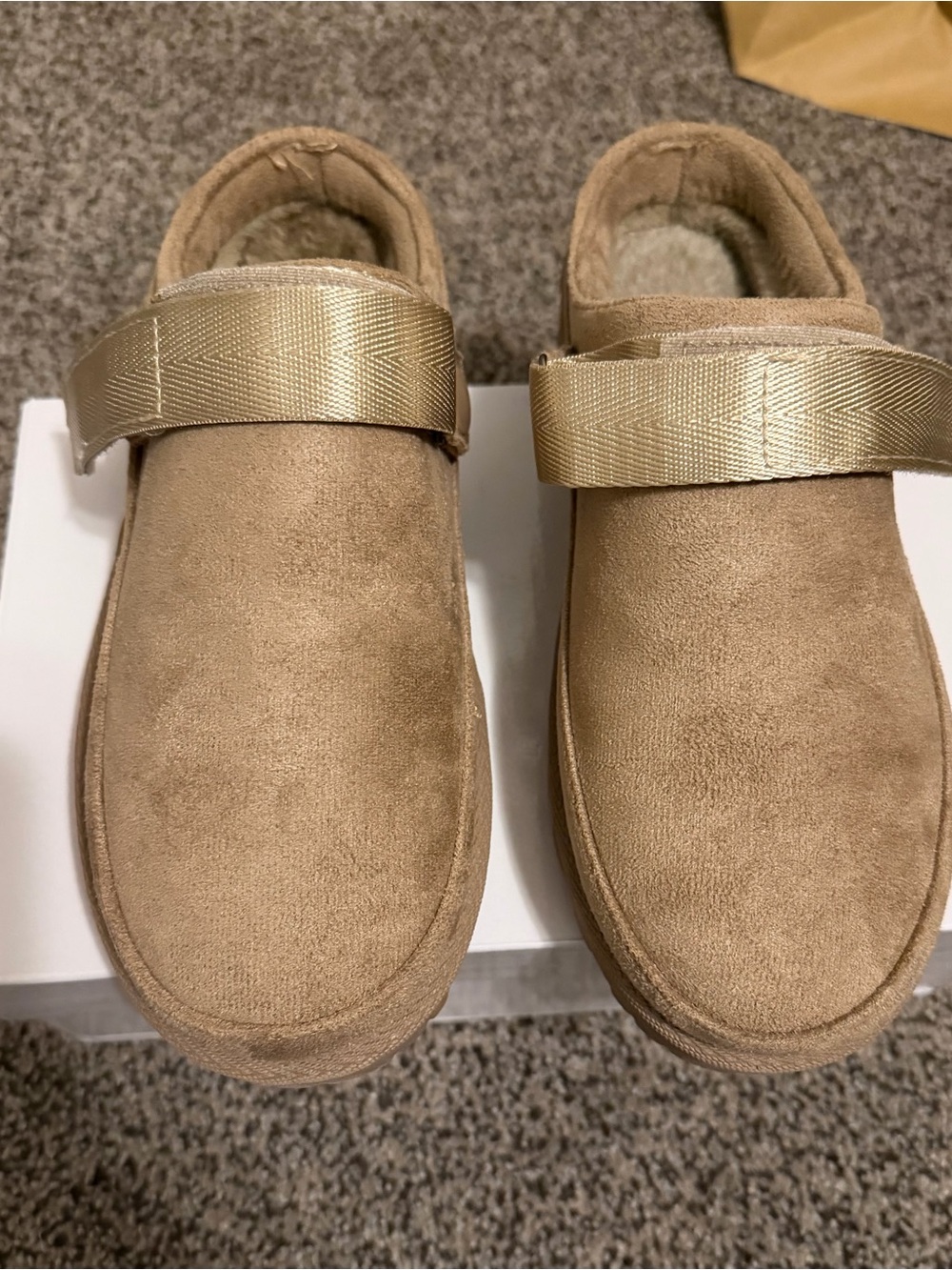 Women’s Tan Suede-Look Slip-On Mules with Adjustable Strap